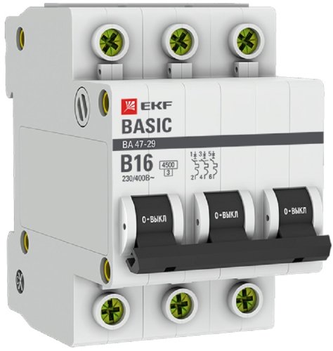 Выключатель автоматический EKF Basic ВА47-29 3п 16А B 4.5кА картинка